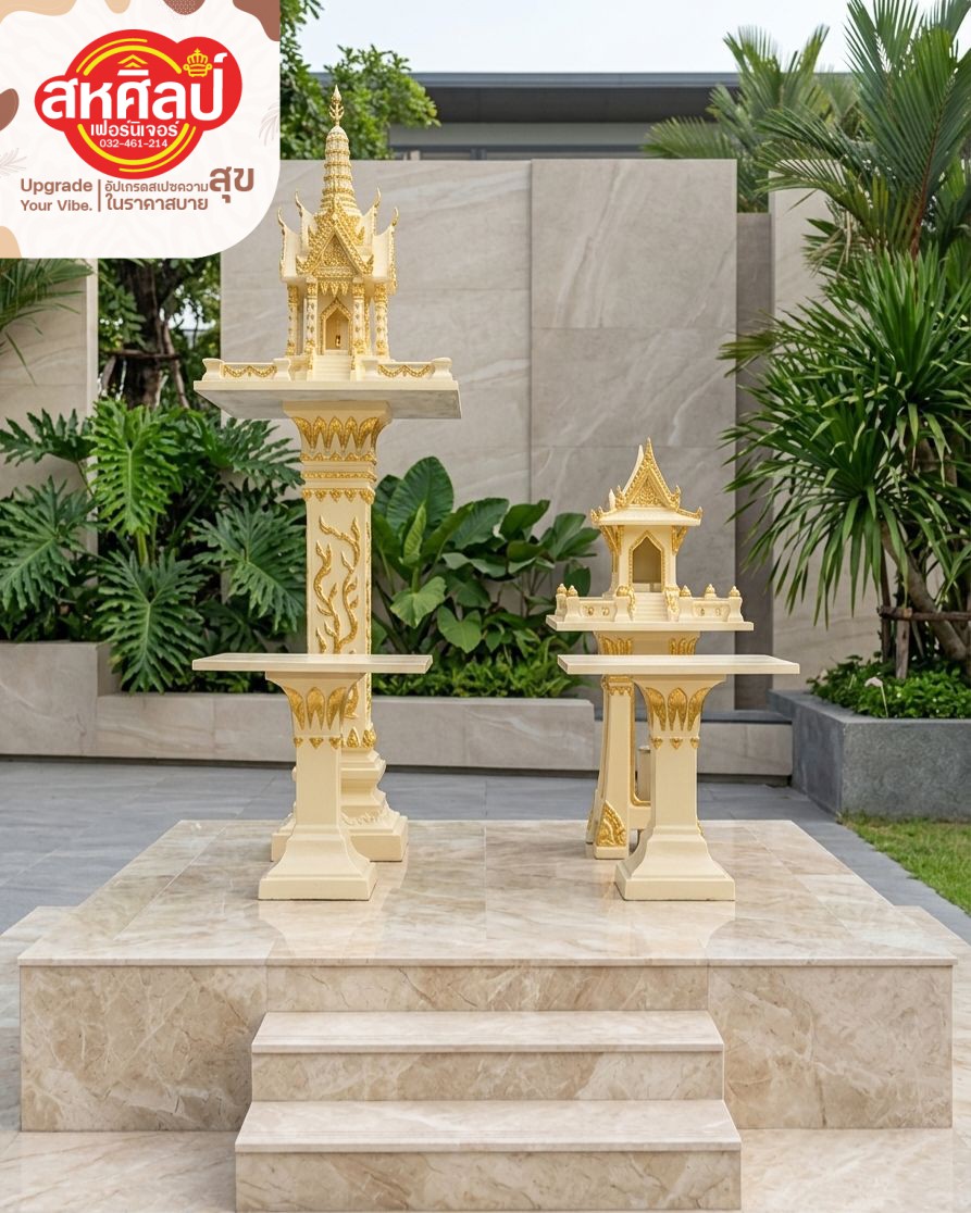 ศาลพระภูมิและศาลตายายดีไซน์หรูหรา สีครีมทอง เสริมสิริมงคลให้บ้านและที่อยู่อาศัย