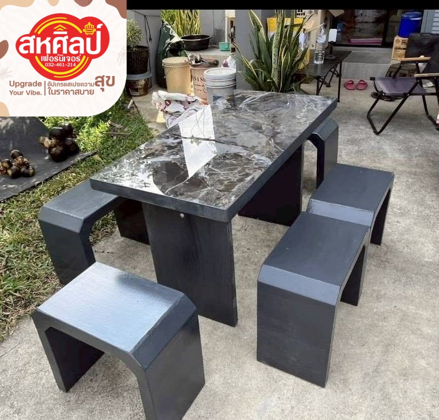 ชุดโต๊ะหินขัดโมเดิร์น 'แกร่งทน' พร้อมม้านั่งคู่ดีไซน์ทูโทน