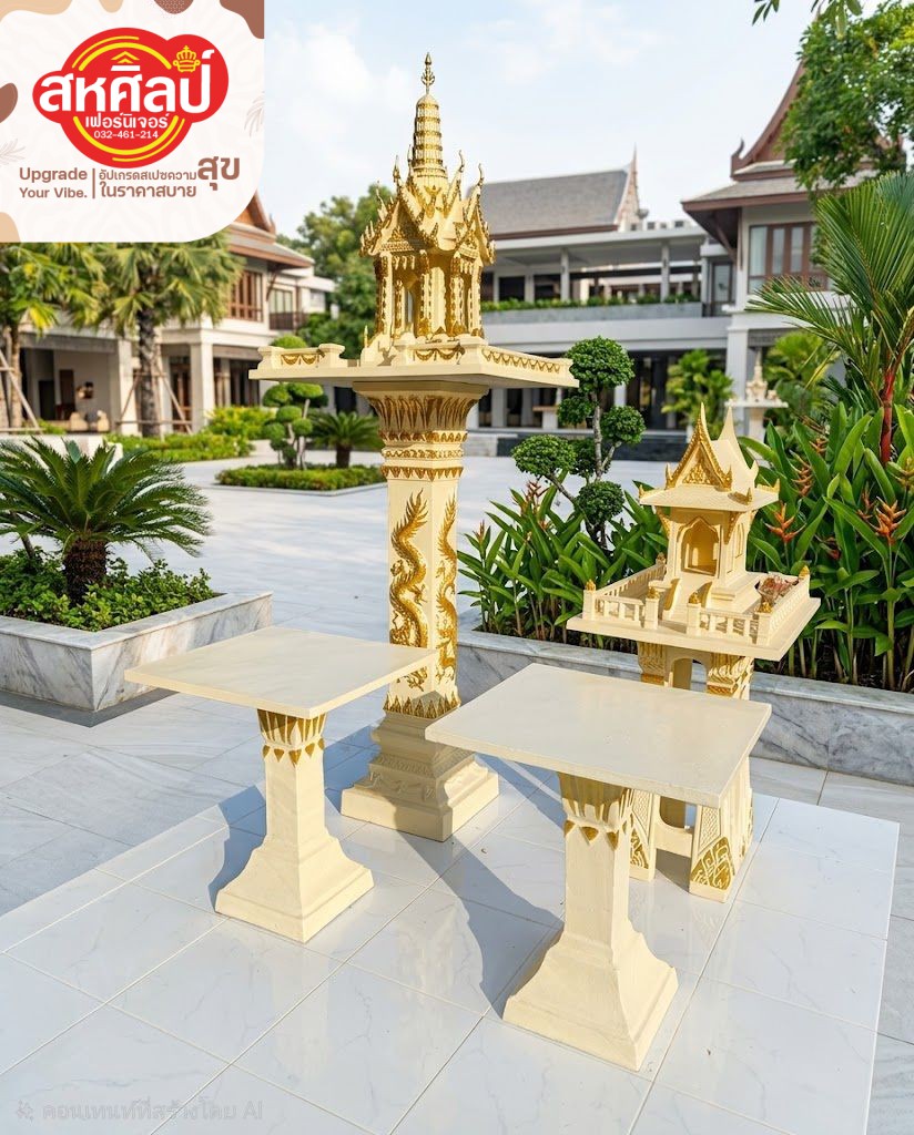 ชุดศาลพระภูมิและศาลตายาย สีขาวทองมงคล ดีไซน์ไทยประยุกต์สุดประณีต