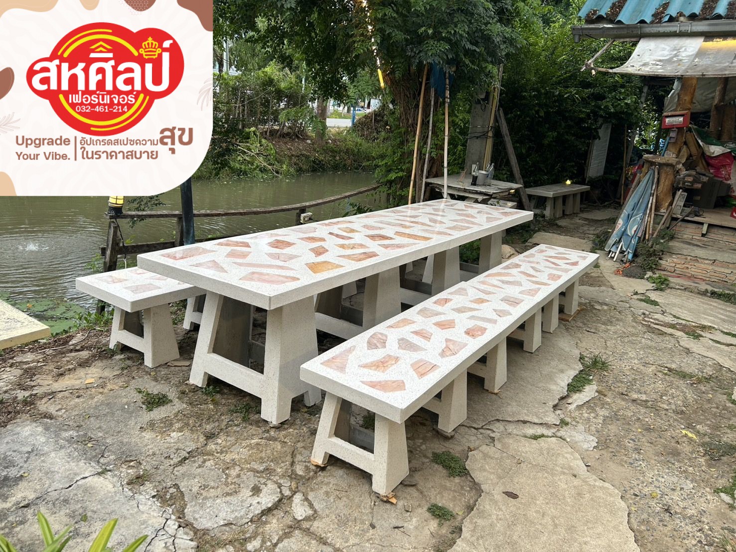 ชุดโต๊ะม้าหินขัด Terrazzo ลายธรรมชาติ: ความคงทนคู่สวนสวย